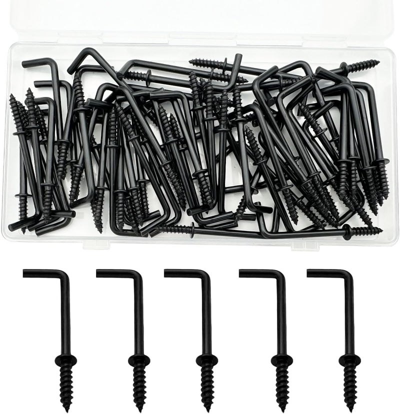 ANDILIKE 60 PCS 7 Shaped Right Angle Screw Hooks,Black 1-1/2 Inch Screw in L Shaped Hooks for Hanging Lamp,Plants,Decorations,kitchenware and DIY Crafts - Image 1